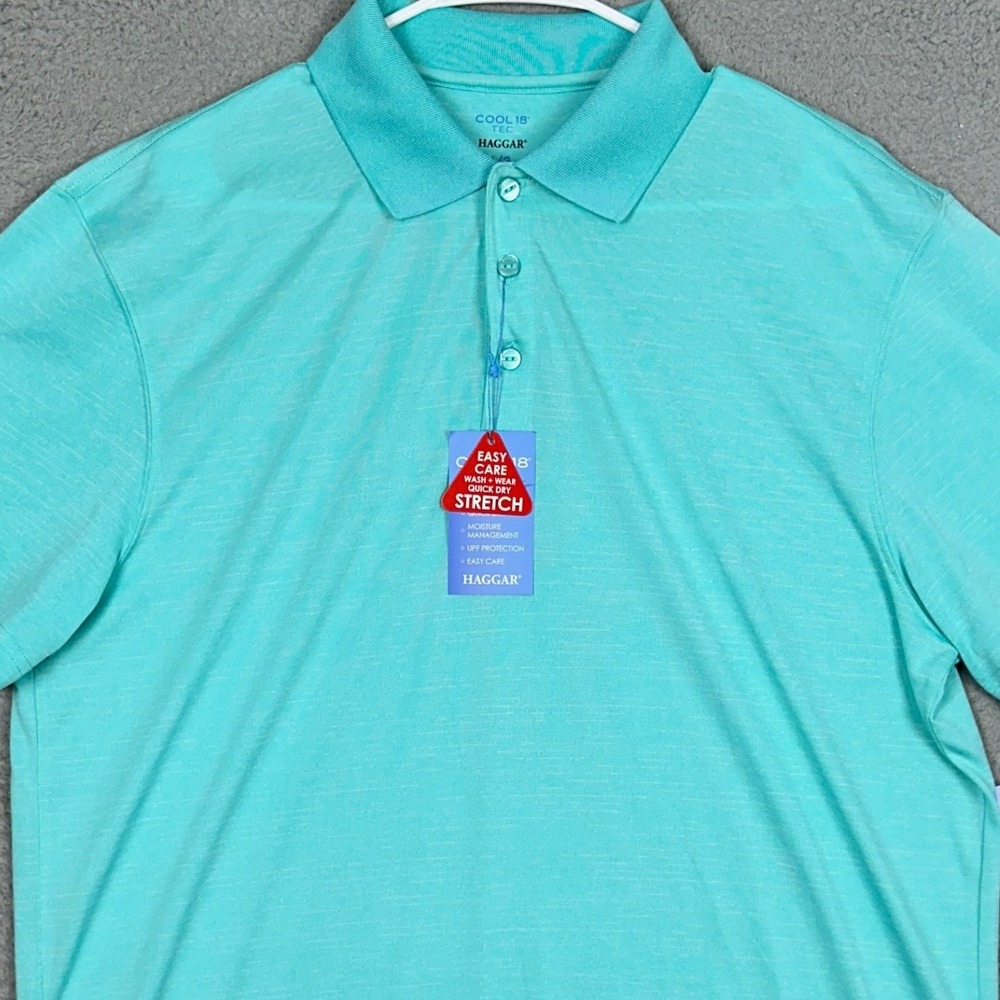 NEW Haggar Polo Shirt Mens Large Cool 18 Pro Turquoise Green Golf Rugby Stretch